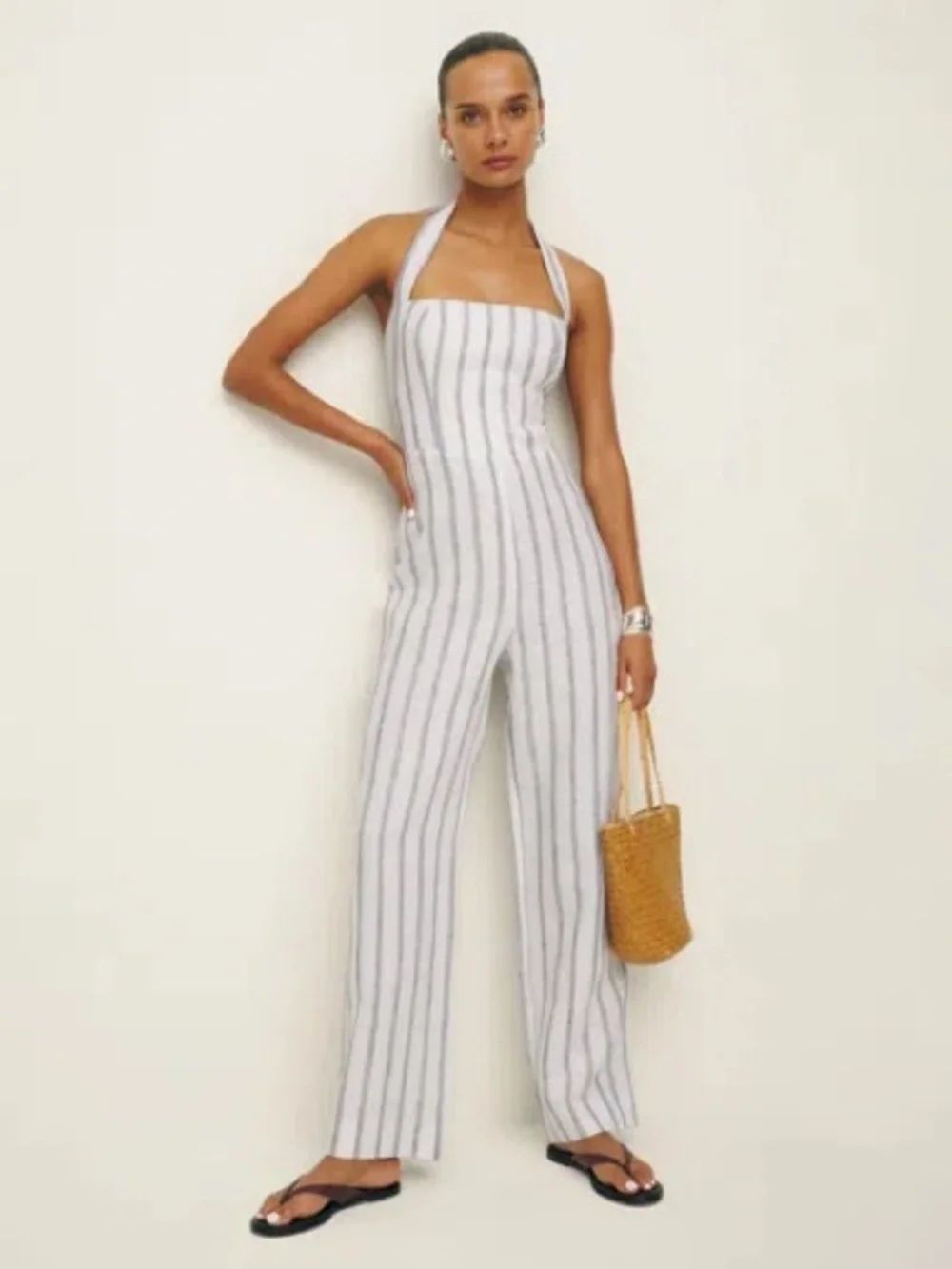 NWT Reformation Malika Linen Jumpsuit White Blue In Harbor Stripe Size 2